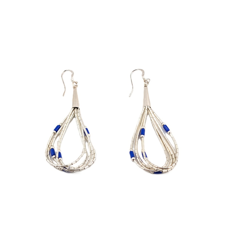 Navajo Multi Strand Silver & Blue Dangle Earrings Liquid‎ Silver Southwestern**